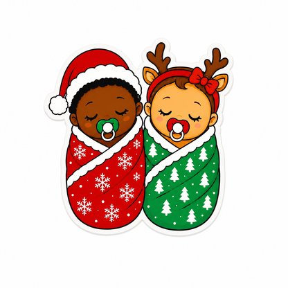 Christmas baby twins plastic add-on featuring sleeping babies dressed as Santa and a reindeer, compatible with interchangeable badge reel bases for NICU and labor delivery staff.