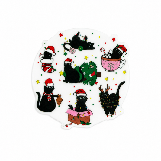 Plastic add-on featuring festive black cats wearing Santa hats and holiday accessories, compatible with interchangeable badge reel bases, perfect for cat lovers and Christmas fans.