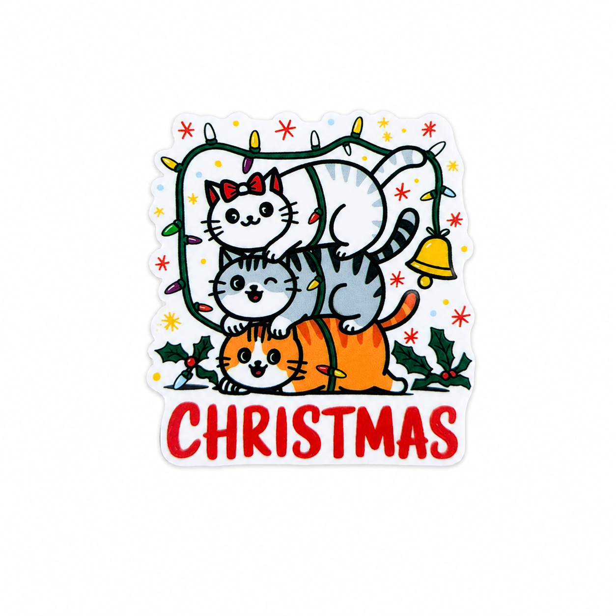 CHRISTMAS plastic add-on featuring three stacked cats, colorful Christmas lights, holly leaves, and holiday decorations, compatible with interchangeable badge reel bases.