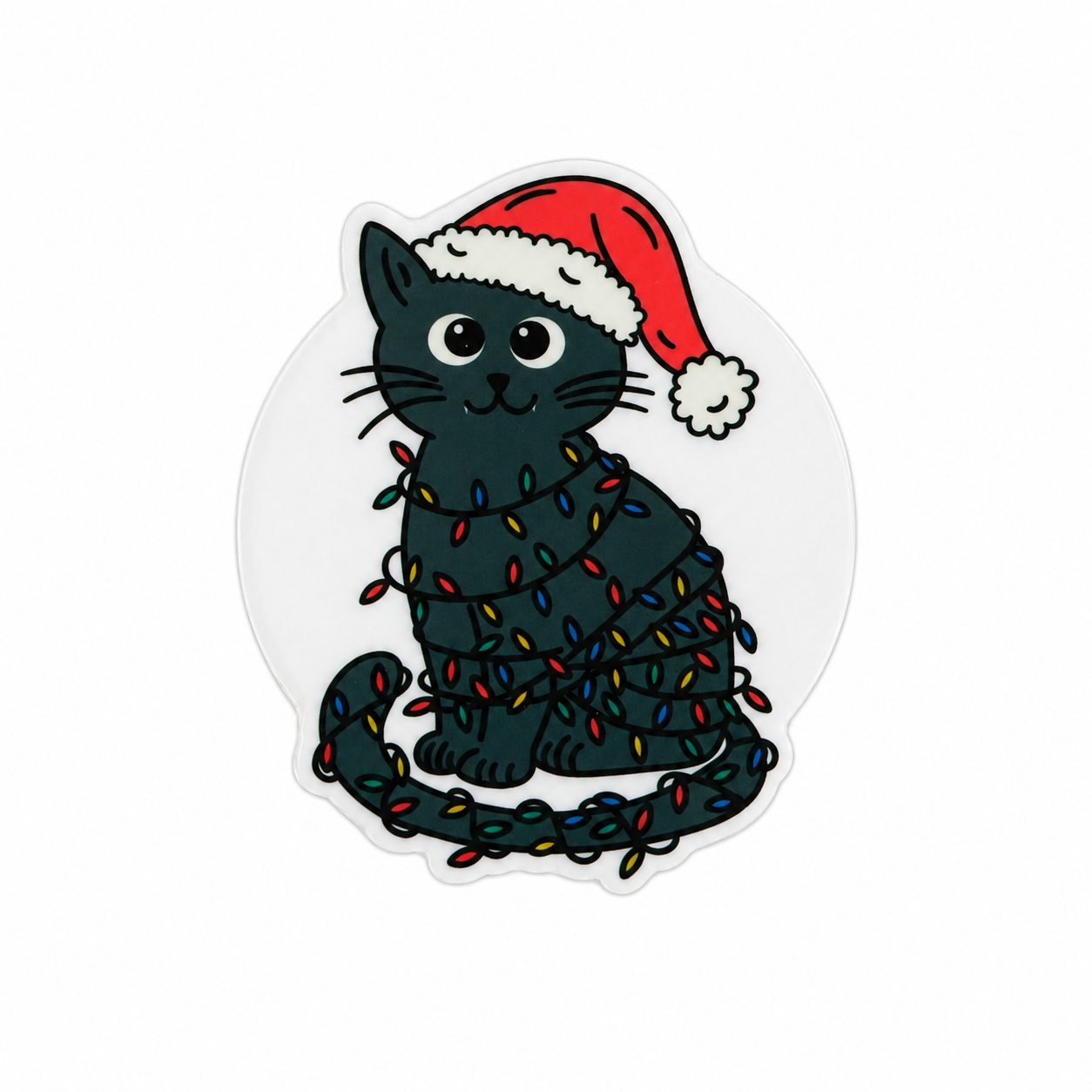 Christmas cat plastic add-on featuring a black cat wrapped in colorful holiday lights and wearing a Santa hat, compatible with interchangeable badge reel bases.
