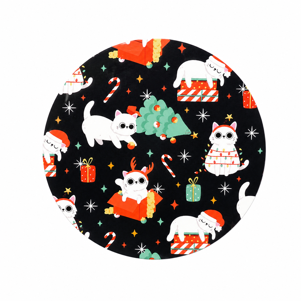 Christmas Cats hard board add-on featuring white kittens, Christmas trees, candy canes, gifts, festive lights, and holiday décor, compatible with interchangeable badge reel bases.