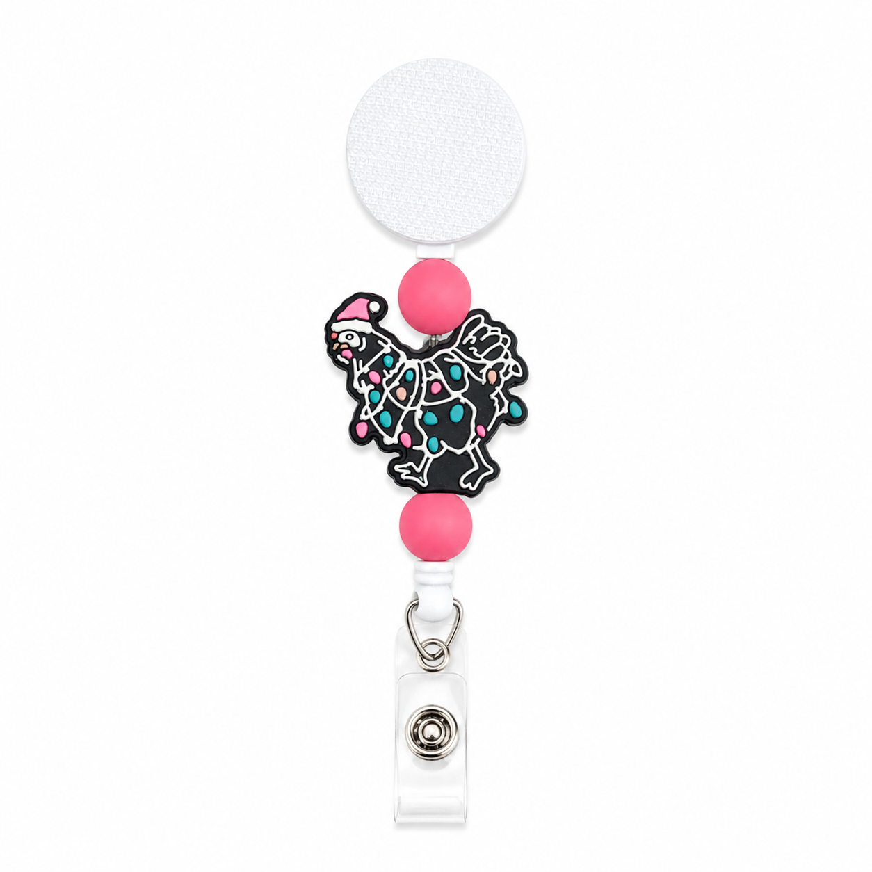 Christmas chicken badge reel featuring a turkey wearing a Santa hat wrapped in colorful Christmas lights, pink silicone beads, and a white retractable badge reel.