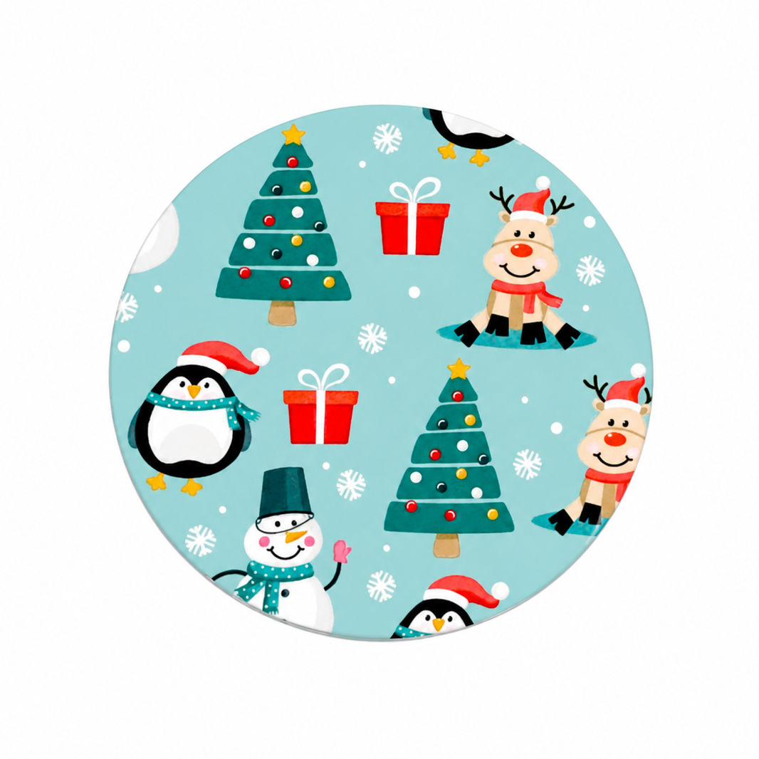 Christmas friends hard board add-on featuring penguins, reindeer, snowmen, decorated trees, gifts, and snowflakes, compatible with interchangeable badge reel bases.