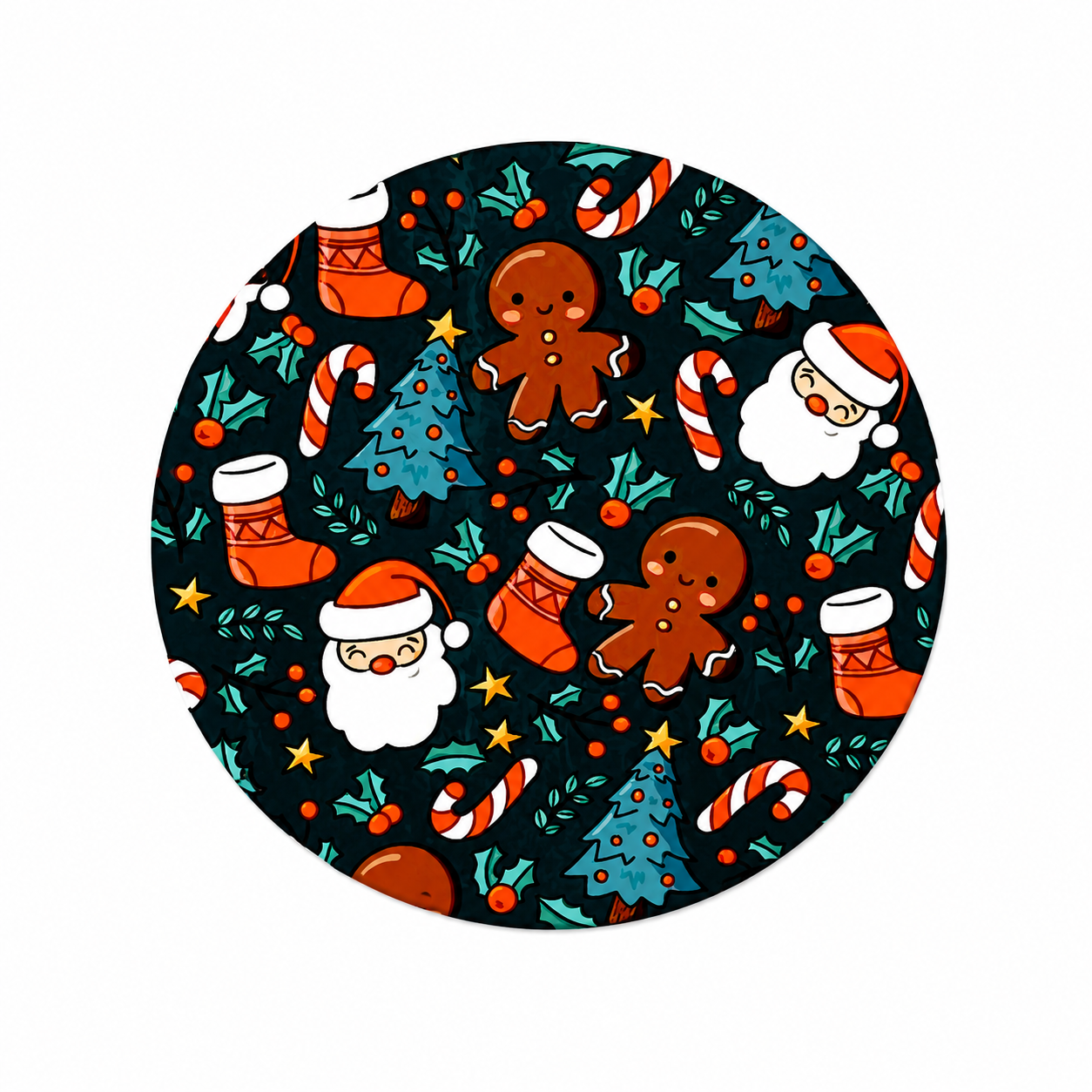 Christmas Gingerbread Pattern hard board add-on featuring gingerbread cookies, Santa, candy canes, Christmas trees, holly, and festive mugs, compatible with interchangeable badge reel bases.