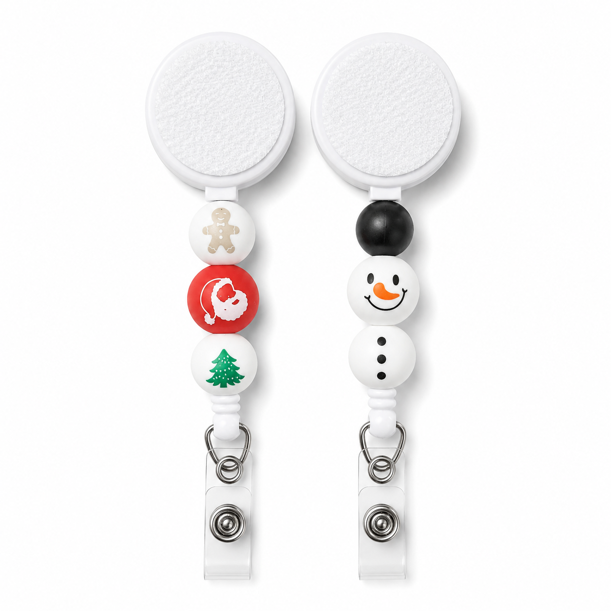 Christmas interchangeable beaded badge reel available in Snowman and Holiday Icons styles with festive silicone accent beads.
