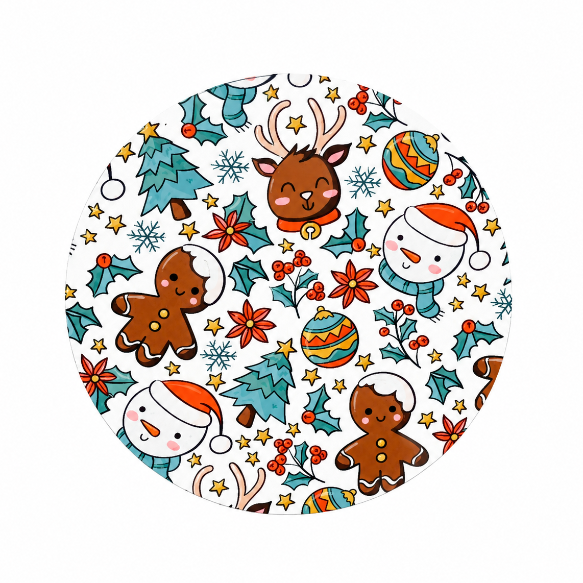 Christmas Pattern hard board add-on featuring reindeer, gingerbread cookies, snowmen, Christmas trees, ornaments, poinsettias, holly, and snowflakes for compatible interchangeable badge reel bases.