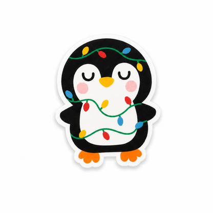 Cute Christmas penguin plastic add-on wrapped in colorful holiday lights compatible with interchangeable badge reel bases for nurses healthcare workers and hospital staff