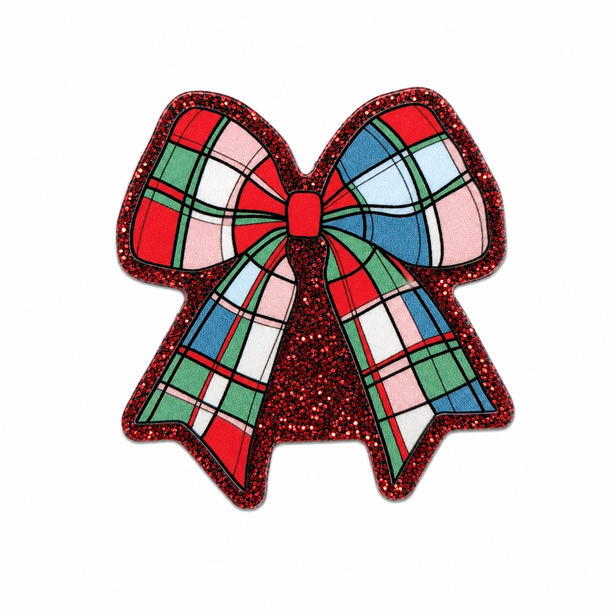 Christmas plaid glitter bow plastic add-on featuring festive red, green, blue, and pink plaid patterns, compatible with interchangeable badge reel bases and perfect for holiday accessories.