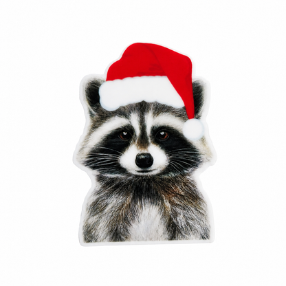Christmas raccoon plastic add-on featuring a realistic raccoon wearing a Santa hat, compatible with interchangeable badge reel bases and perfect for animal lovers