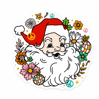 Santa plastic add-on with red hat, flowers, peace signs, and colorful Christmas ornaments, compatible with interchangeable badge reel bases.