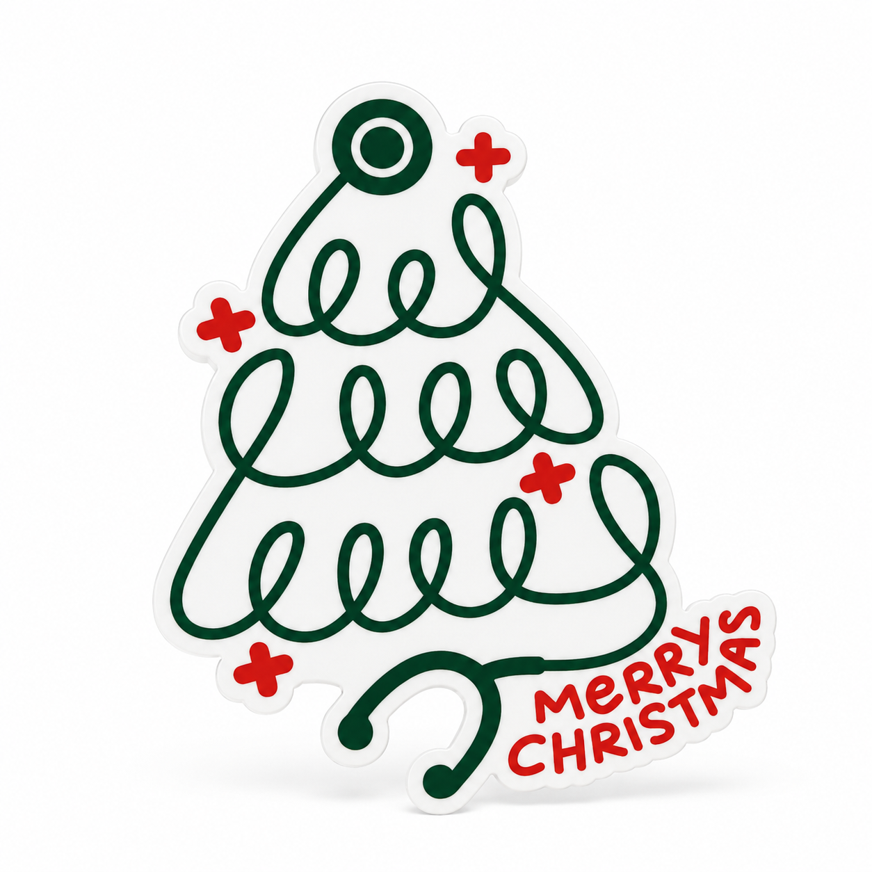 MERRY CHRISTMAS plastic add-on with green stethoscope Christmas tree design, compatible with interchangeable badge reel bases for a Christmas stethoscope accessory.