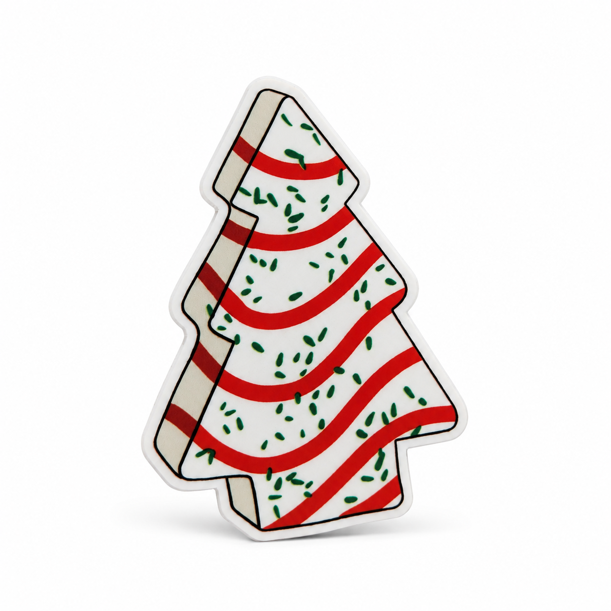 Christmas tree cookie plastic add-on with white frosting, red icing garland, and green sprinkles, compatible with interchangeable badge reel bases
