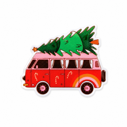 Christmas Tree Van plastic add-on with red retro van, Christmas tree, candy cane details, and rainbow accent, compatible with interchangeable badge reel bases.