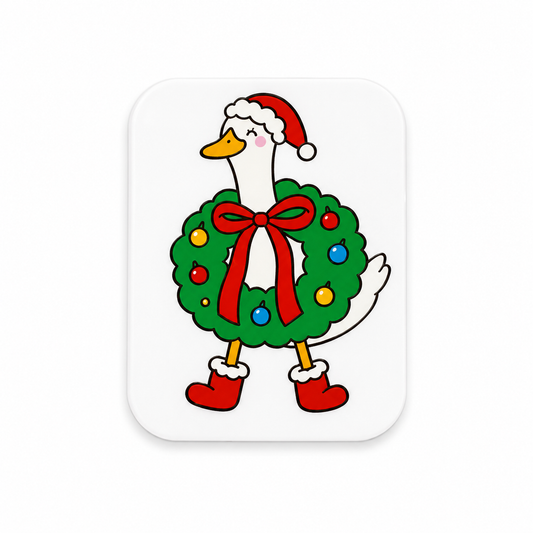 Festive goose plastic add-on wearing a Christmas wreath outfit and Santa hat for compatible interchangeable badge reel bases.