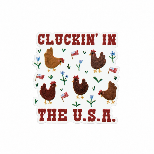 CLUCKIN' IN THE U.S.A. plastic add-on featuring chickens, American flags, and wildflowers, compatible with interchangeable badge reel bases for patriotic animal lovers