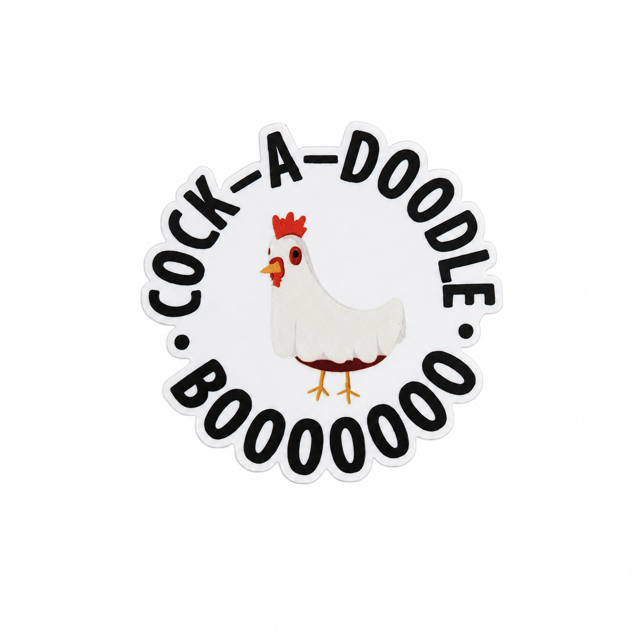 COCK-A-DOODLE BOOOOOOO plastic add-on featuring a white chicken design, compatible with interchangeable badge reel bases, funny chicken lover accessory