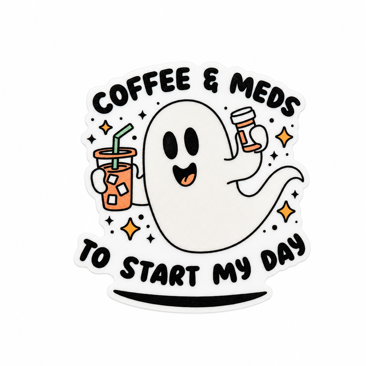 COFFEE & MEDS TO START MY DAY plastic add-on with cute ghost, iced coffee, and pill bottle, compatible with interchangeable badge reel bases.