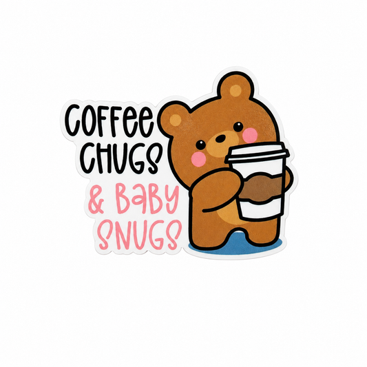 Coffee Chugs & Baby Snugs plastic add-on featuring a cute bear holding coffee, compatible with interchangeable badge reel bases and ideal for labor and delivery nurses.