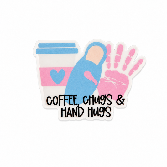 Coffee, Chugs & Hand Hugs plastic add-on with a coffee cup, baby bottle, and handprint, compatible with interchangeable badge reel bases for speech therapists.