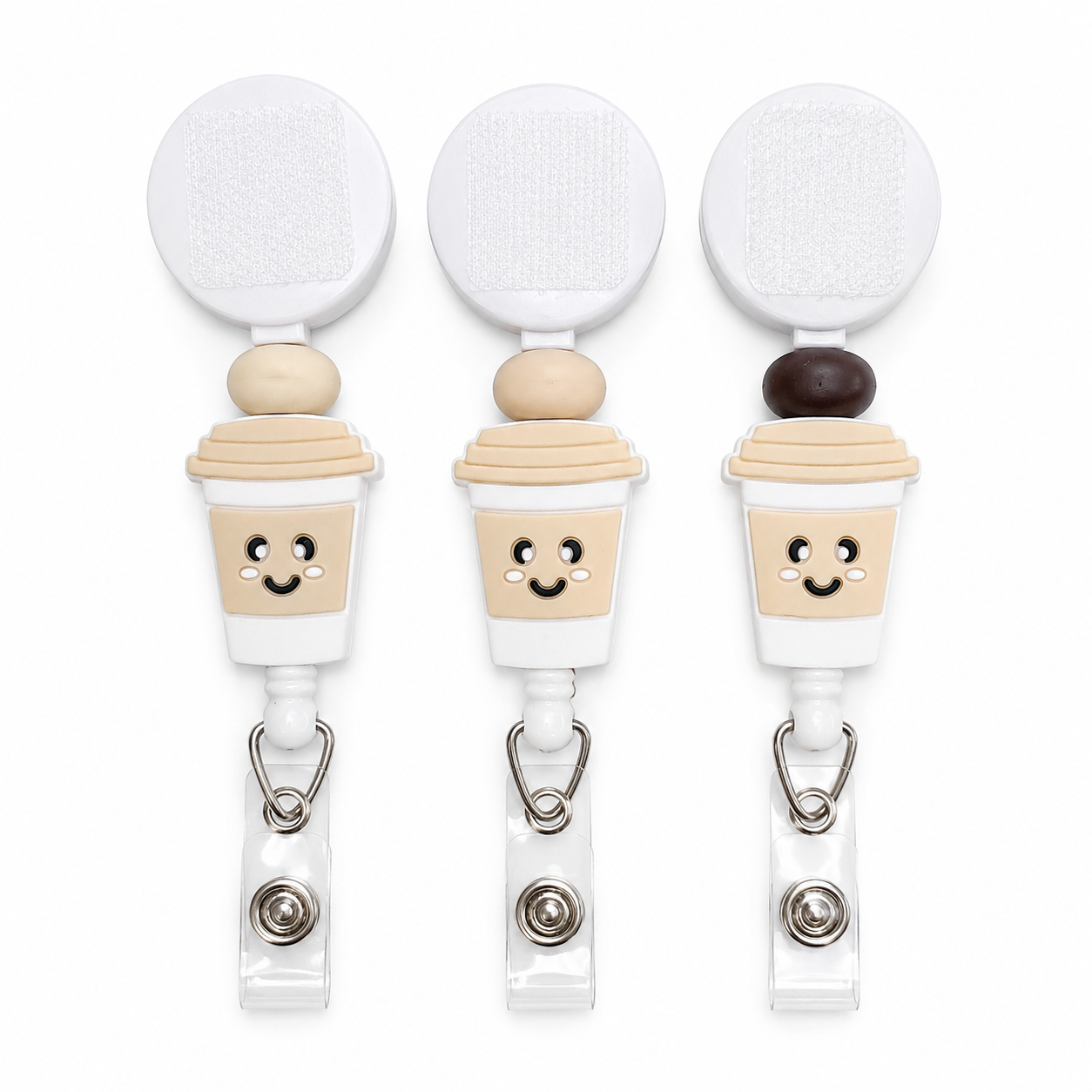 Cute coffee cup interchangeable badge reel featuring a smiling coffee cup topper with neutral beads and retractable badge holder for coffee lovers.