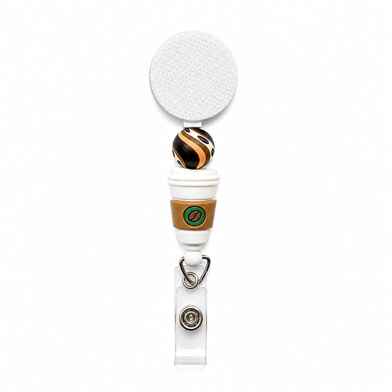 Coffee beaded badge reel featuring a coffee cup bead, neutral marbled bead, white silicone accents, retractable badge reel, and clear badge holder attachment.