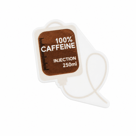 100% Caffeine Injection 250ml plastic add-on designed as a coffee IV bag, compatible with interchangeable badge reel bases.