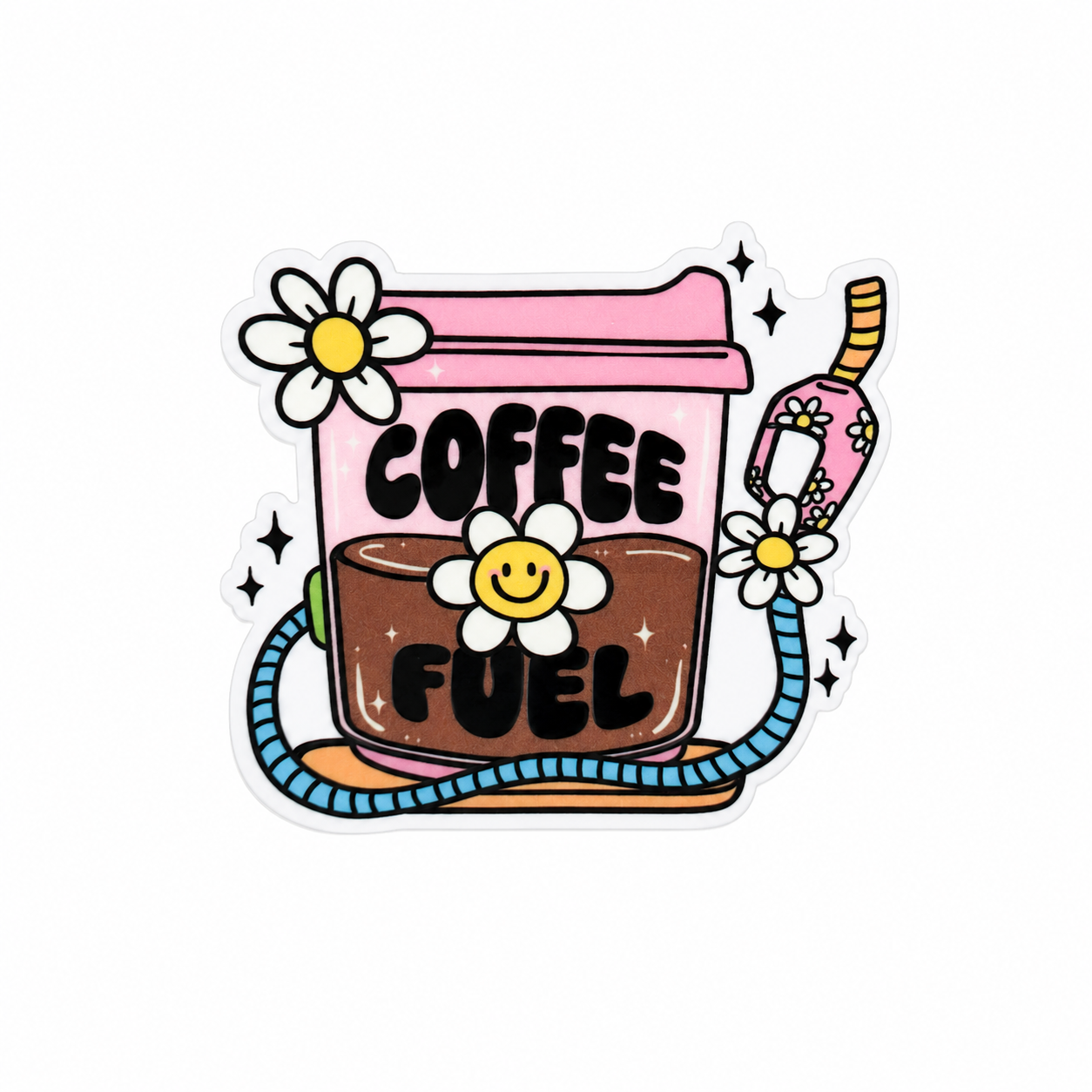 COFFEE FUEL plastic add-on featuring a pink coffee cup with daisies and fuel nozzle design, compatible with interchangeable badge reel bases for coffee lovers