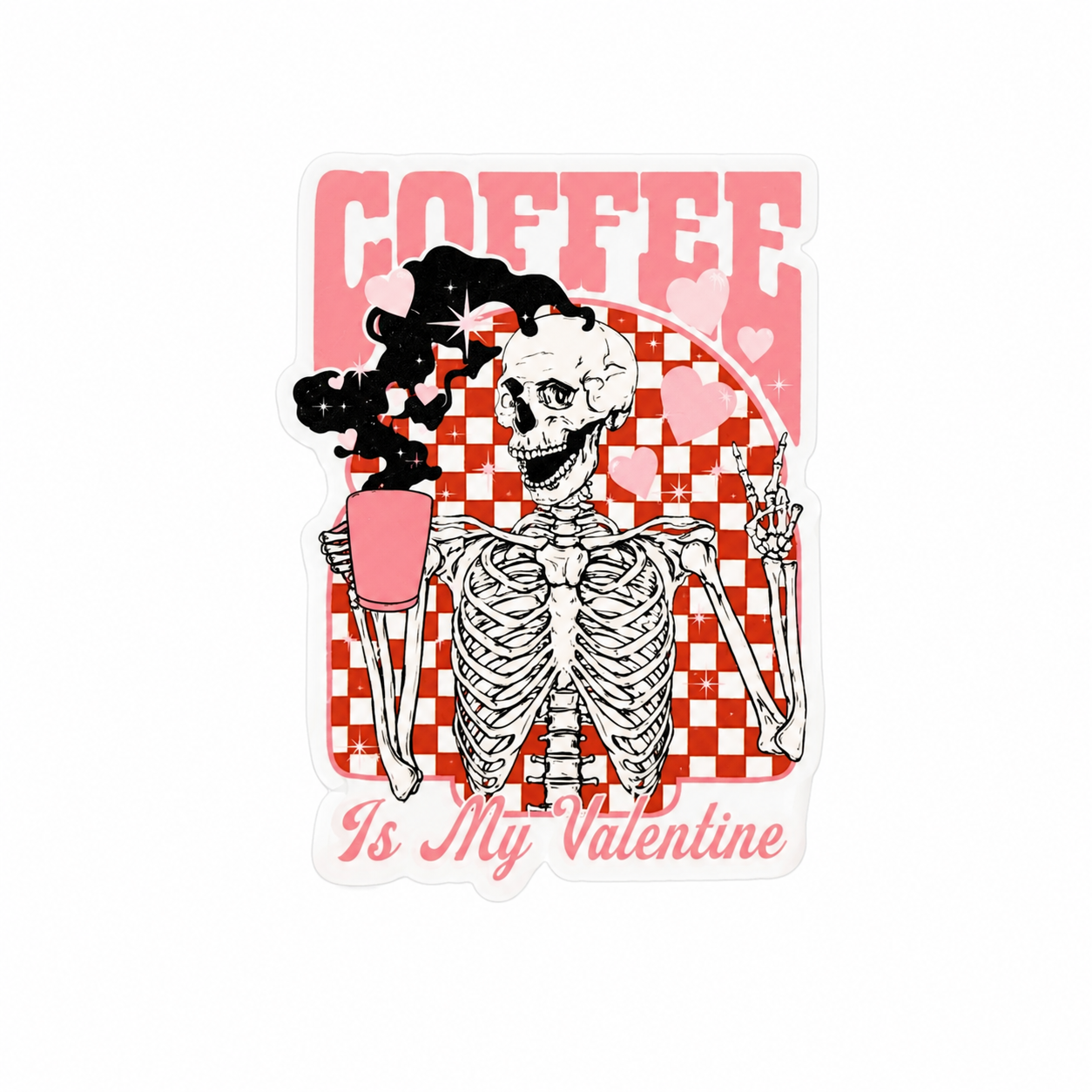 COFFEE Is My Valentine plastic add-on with skeleton holding coffee cup and straw, compatible with interchangeable badge reel bases, perfect coffee lover accessory.