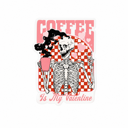 COFFEE Is My Valentine plastic add-on with skeleton holding coffee cup and straw, compatible with interchangeable badge reel bases, perfect coffee lover accessory.
