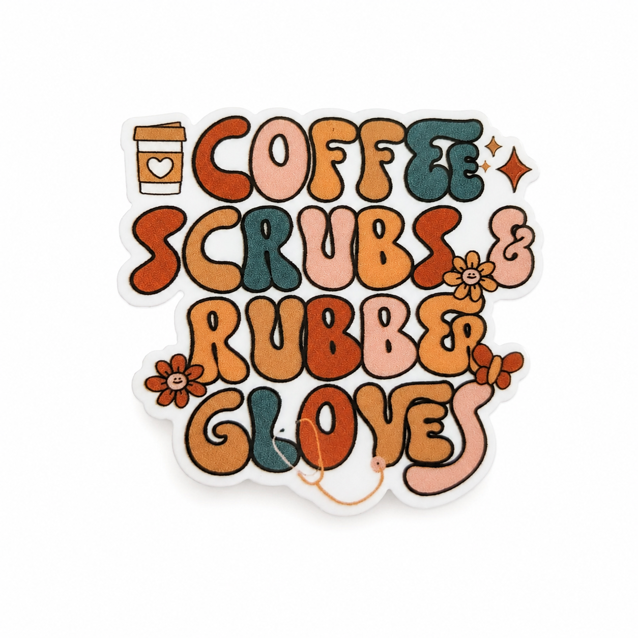 COFFEE SCRUBS & RUBBER GLOVES nurse gift plastic add-on with retro lettering, coffee cup, and flowers, compatible with interchangeable badge reel bases.