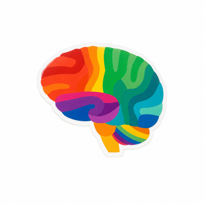 Colorful brain plastic add-on for compatible interchangeable badge reel bases featuring a rainbow neuro brain design
