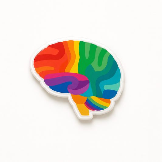 Colorful brain plastic add-on for compatible interchangeable badge reel bases featuring a rainbow neuro brain design
