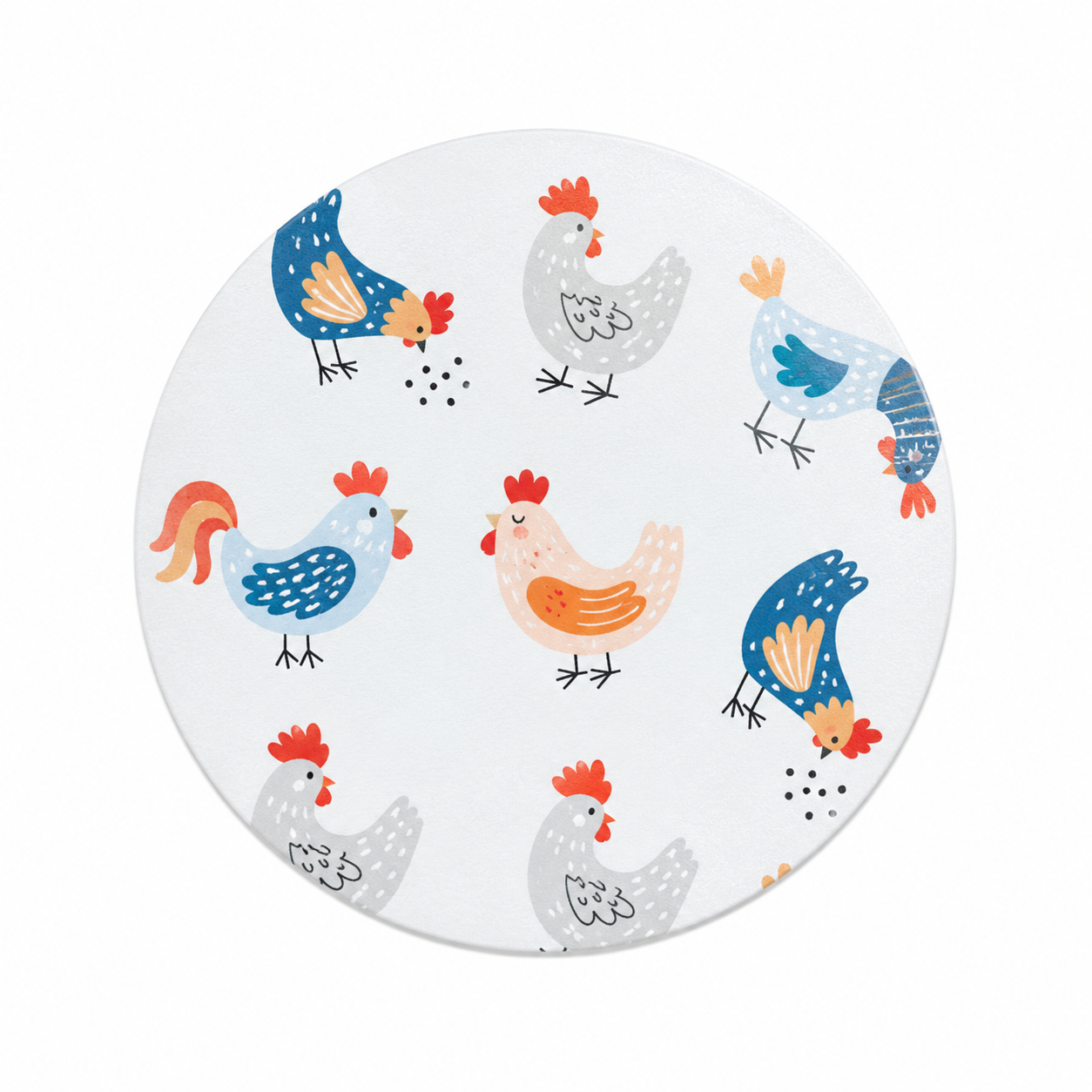 Colorful chicken hard board add-on featuring blue, gray, peach, and orange hens and roosters, compatible with interchangeable badge reel bases for poultry lovers.