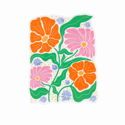 Colorful flower bloom plastic add-on featuring colorful orange and pink flowers with green leaves, compatible with interchangeable badge reel bases and floral accessory lovers