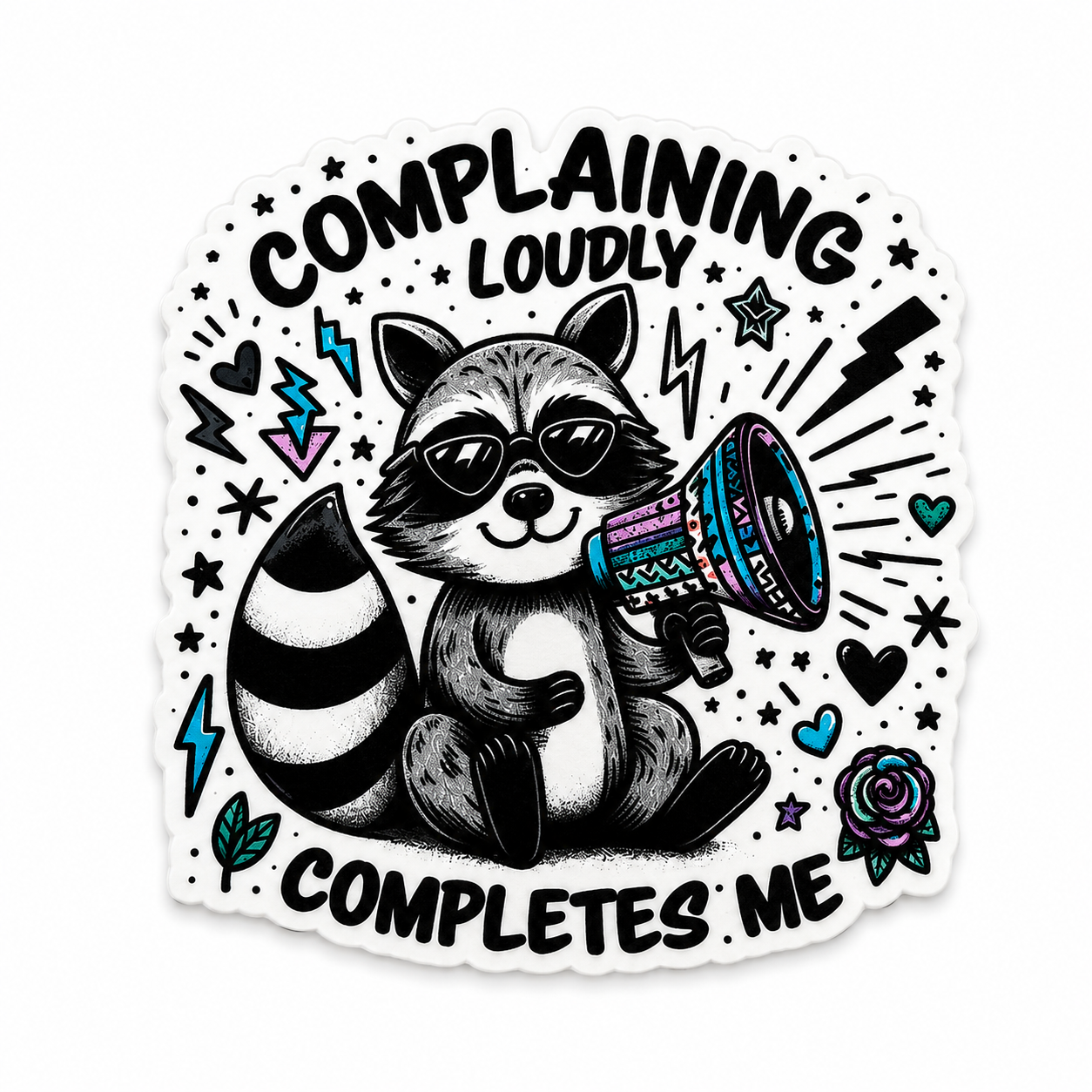 COMPLAINING LOUDLY COMPLETES ME plastic add-on featuring a raccoon wearing sunglasses and holding a megaphone, compatible with interchangeable badge reel bases, funny animal lover accessory