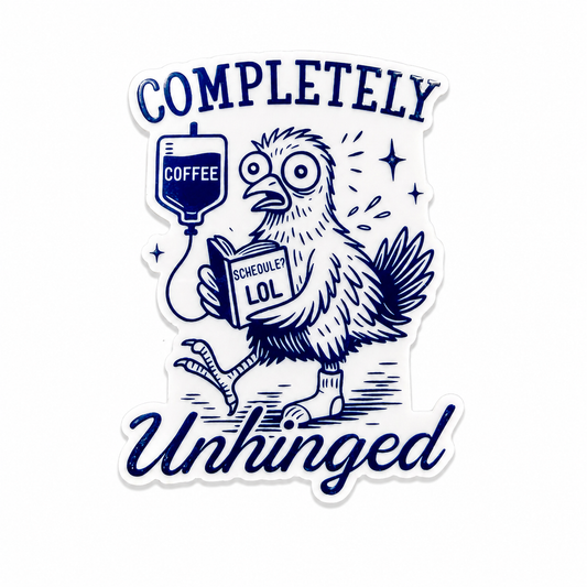 Completely Unhinged plastic add-on featuring a chaotic goose holding a scheduler and connected to a coffee IV bag, compatible with interchangeable badge reel bases, funny coffee lover accessory