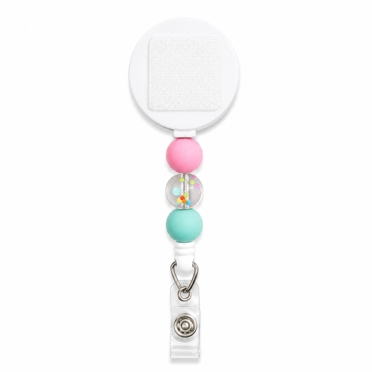 Confetti Pop interchangeable beaded badge reel with pink silicone bead, clear confetti bead, and aqua bead, retractable badge reel for everyday work.