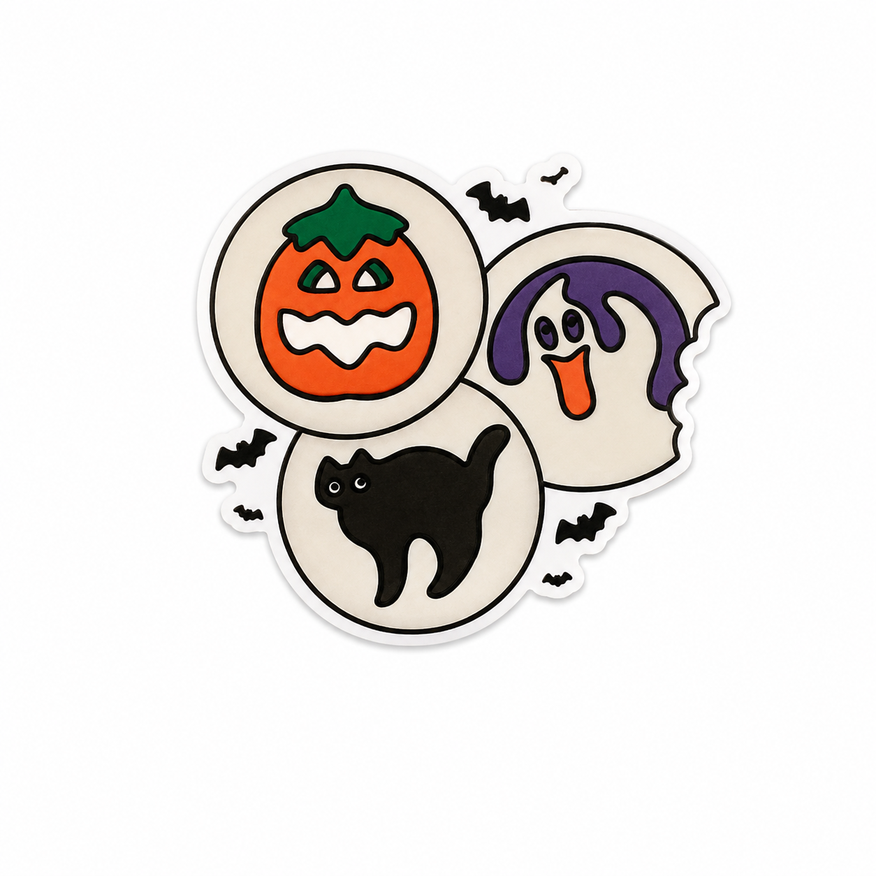 Retro Halloween plastic add-on featuring pumpkin, ghost, black cat, and bats compatible with interchangeable badge reel bases