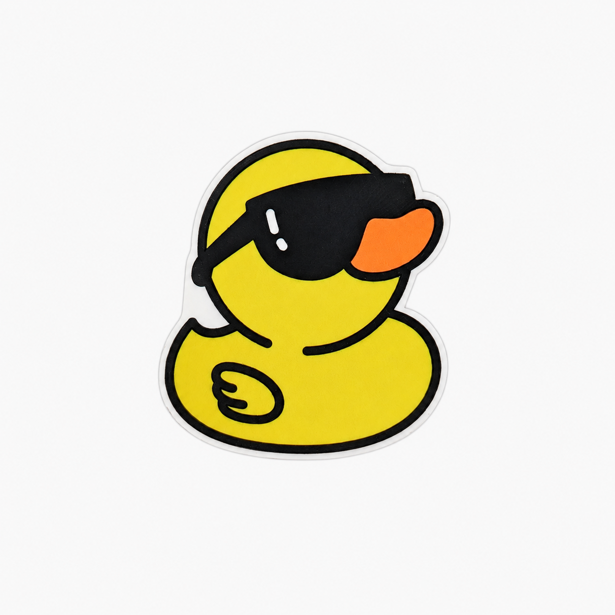 Plastic add-on featuring a yellow duck wearing black sunglasses, compatible with interchangeable badge reel bases and perfect for duck lovers.
