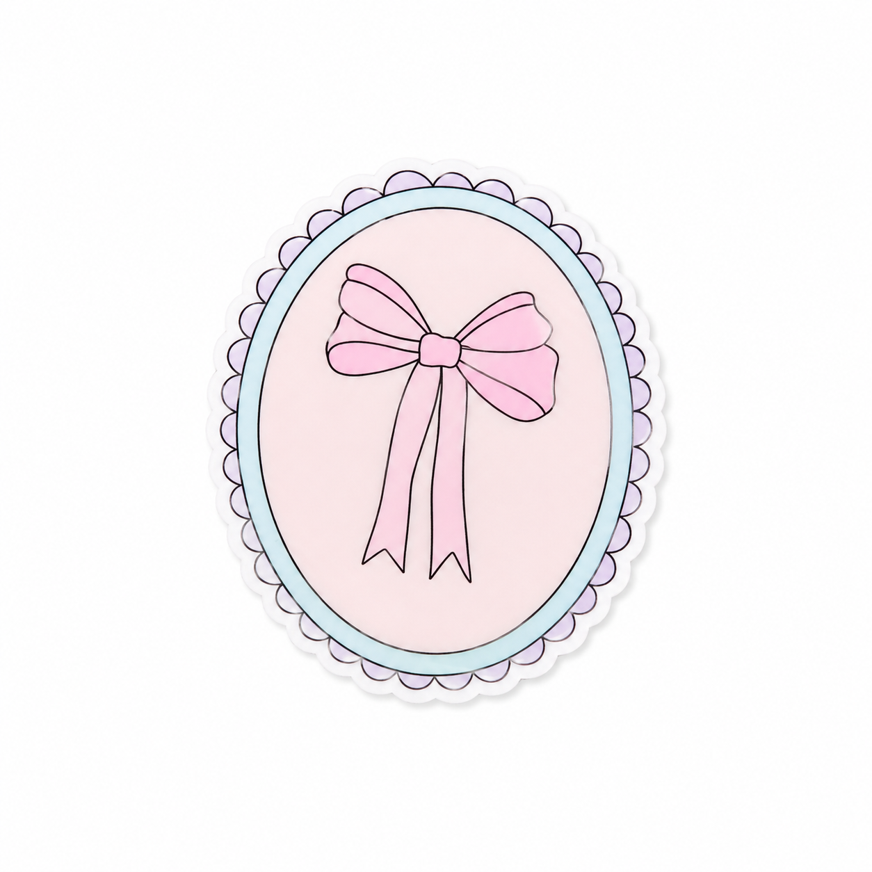 Coquette Bow plastic add-on featuring a delicate pink bow on a soft pink background with a scalloped frame, compatible with interchangeable badge reel bases, cute nurse badge accessory and aesthetic healthcare worker accessory