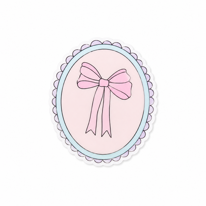 Coquette Bow plastic add-on featuring a delicate pink bow on a soft pink background with a scalloped frame, compatible with interchangeable badge reel bases, cute nurse badge accessory and aesthetic healthcare worker accessory