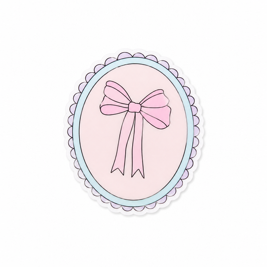 Coquette Bow plastic add-on featuring a delicate pink bow on a soft pink background with a scalloped frame, compatible with interchangeable badge reel bases, cute nurse badge accessory and aesthetic healthcare worker accessory