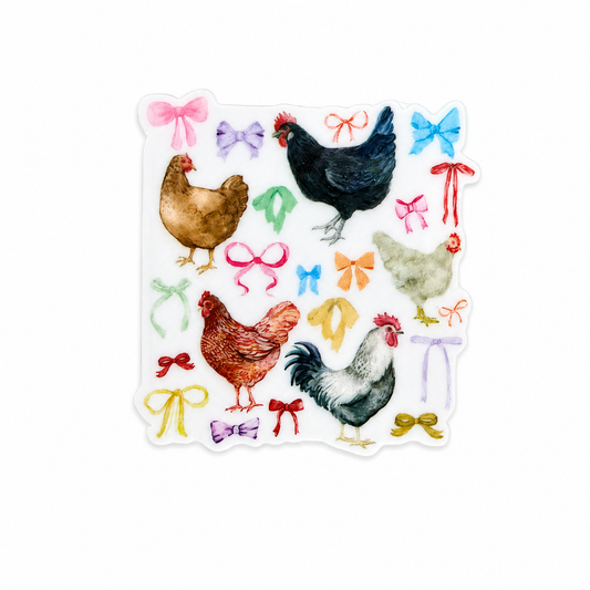 Plastic add-on featuring watercolor chickens, roosters, and colorful ribbon bows, compatible with interchangeable badge reel bases, cute cottagecore farm animal accessory