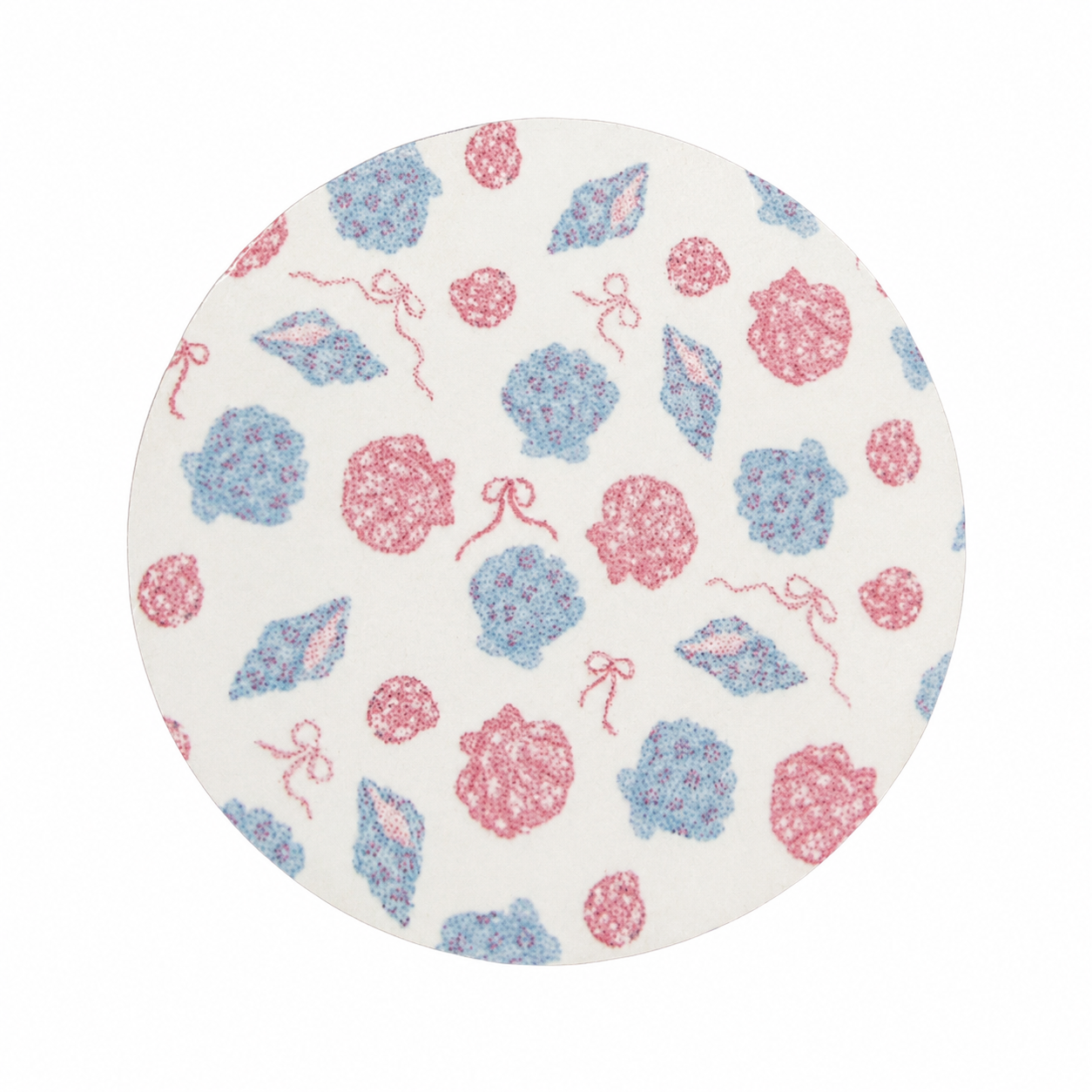 Coquette Seashells hard board add-on featuring pastel pink and blue seashells, bows, and coastal accents for compatible interchangeable badge reel bases.
