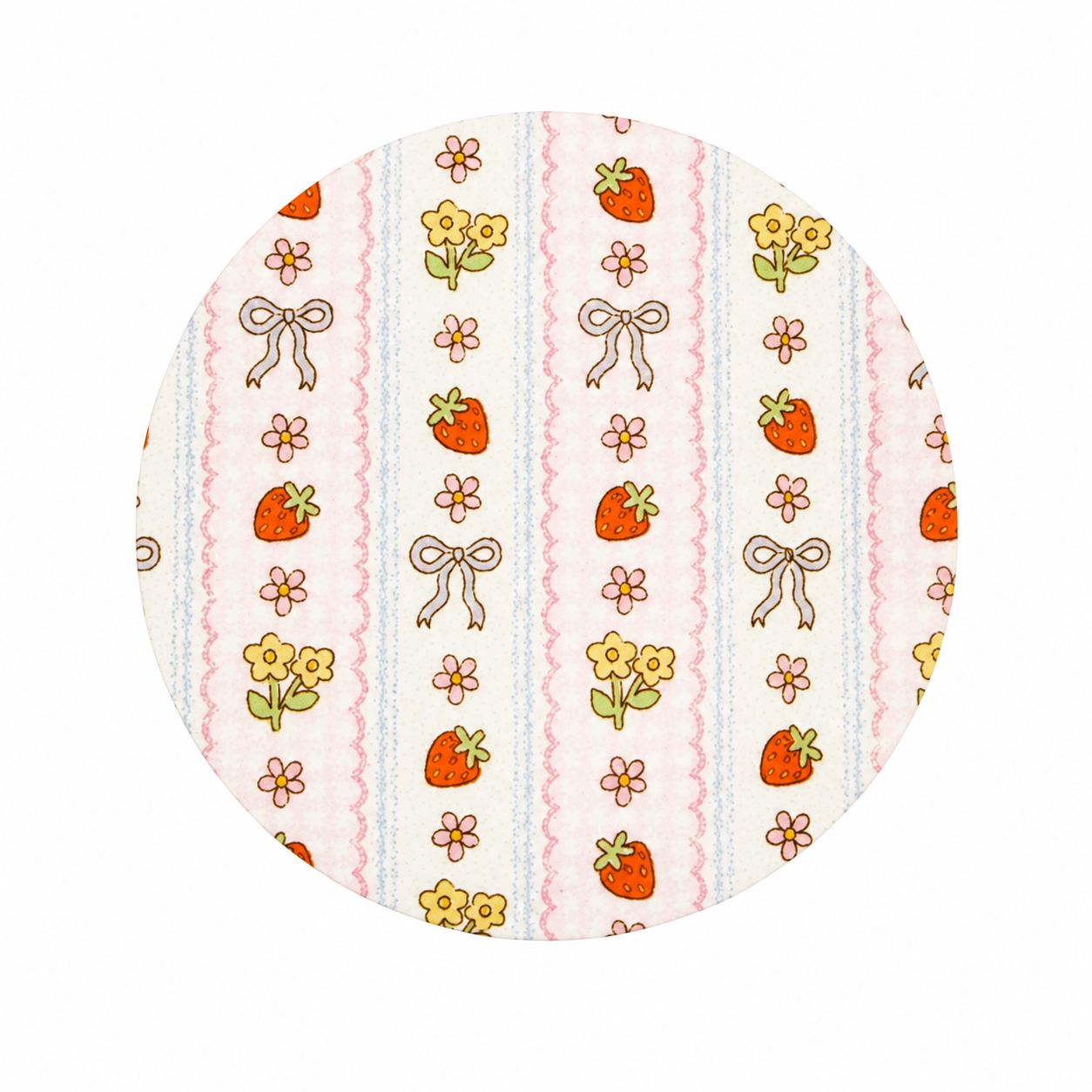 Coquette Strawberries hard board add-on featuring strawberries, bows, flowers, and pastel stripes for compatible interchangeable badge reel bases.