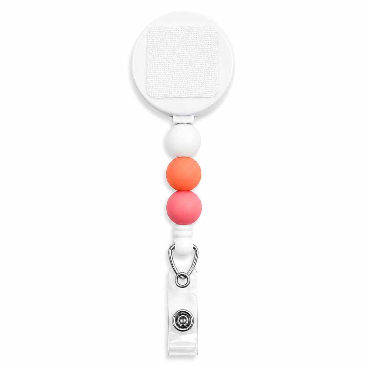 Coral Pop interchangeable beaded badge reel with white, bright coral, and pink silicone beads, retractable badge reel for nurses, teachers, and everyday work.