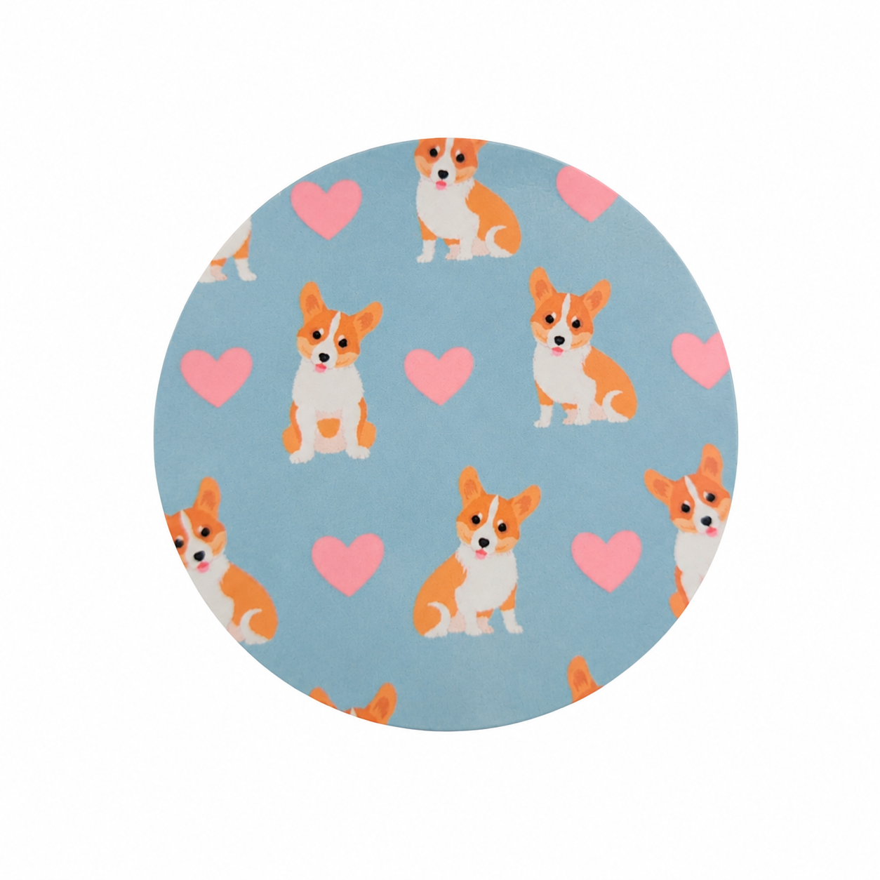 Corgi Hearts hard board add-on featuring adorable corgis and pink hearts on a blue background, compatible with interchangeable badge reel bases for dog lovers.