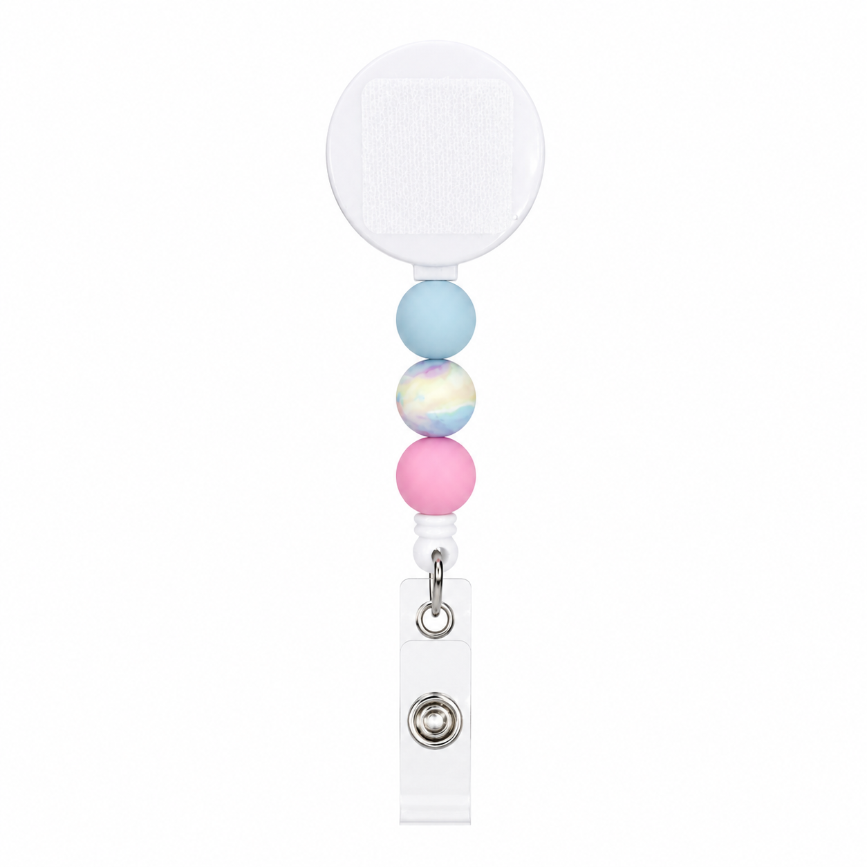 Pastel beaded badge reel with blue, pink, and pastel swirl silicone beads, interchangeable topper area, retractable badge reel compatible with plastic and hardboard add-ons.