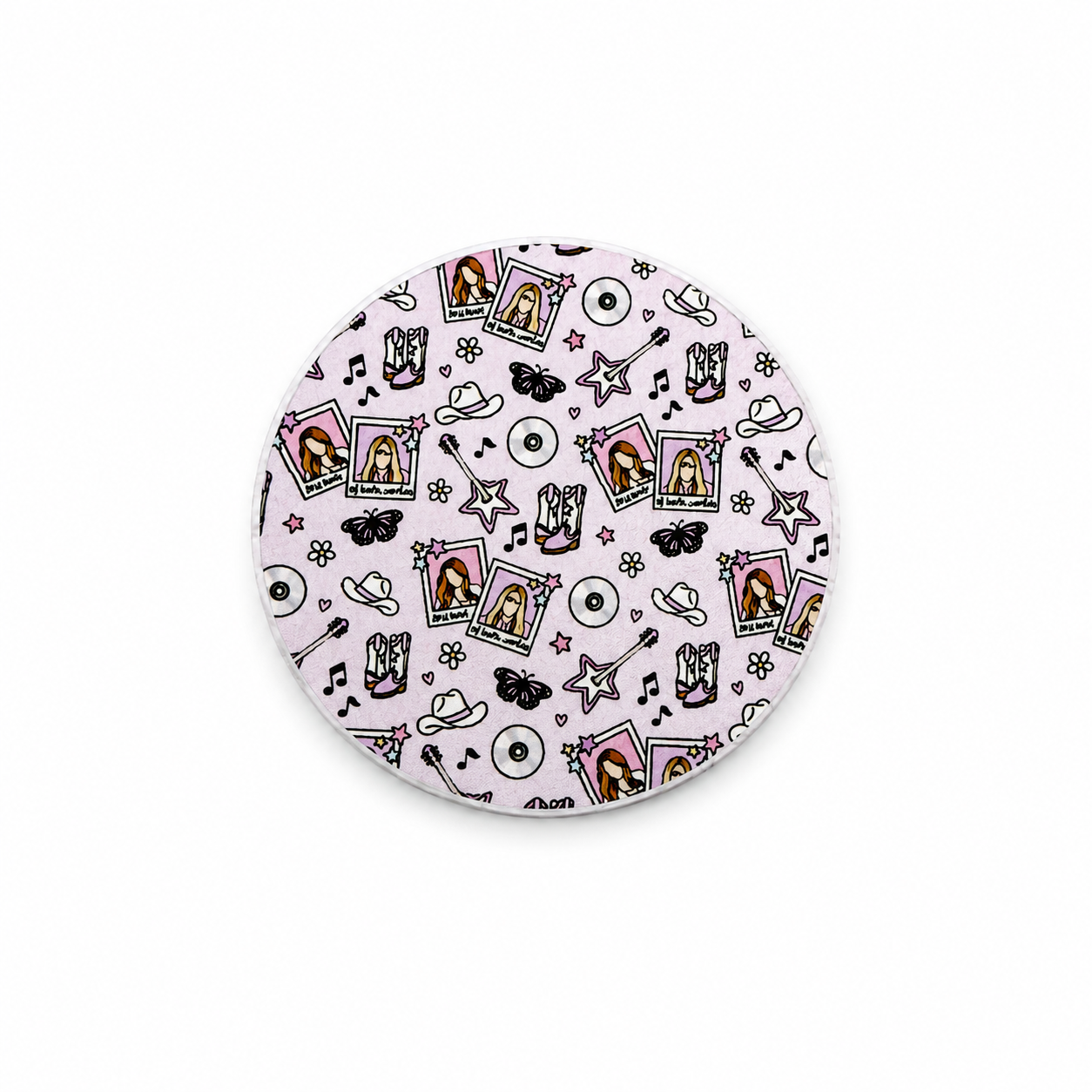 Country pop inspired hard board add-on featuring western boots, cowboy hats, music notes, records, butterflies, stars, and country-themed artwork, compatible with interchangeable badge reel bases.