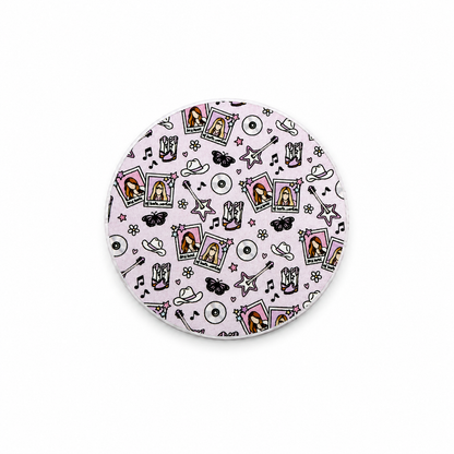 Country pop inspired hard board add-on featuring western boots, cowboy hats, music notes, records, butterflies, stars, and country-themed artwork, compatible with interchangeable badge reel bases.